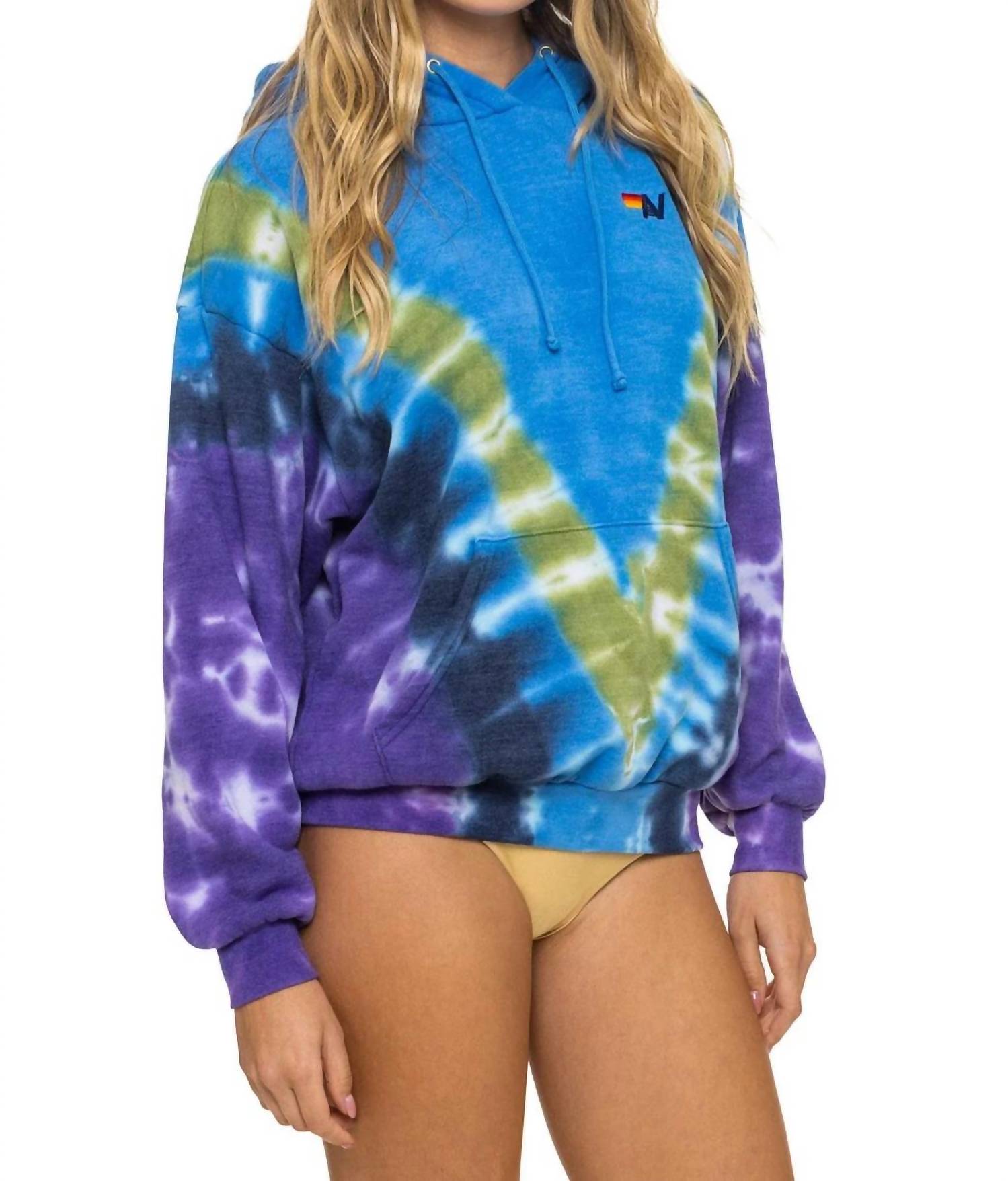 AVIATOR NATION Unisex Hand Dyed V Relaxed Pullover Hoodie in ocean purple - women's top - detail view