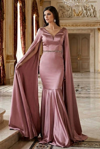 Royal Queen - V-neck Cape Sleeve Mermaid Formal Evening Dress
