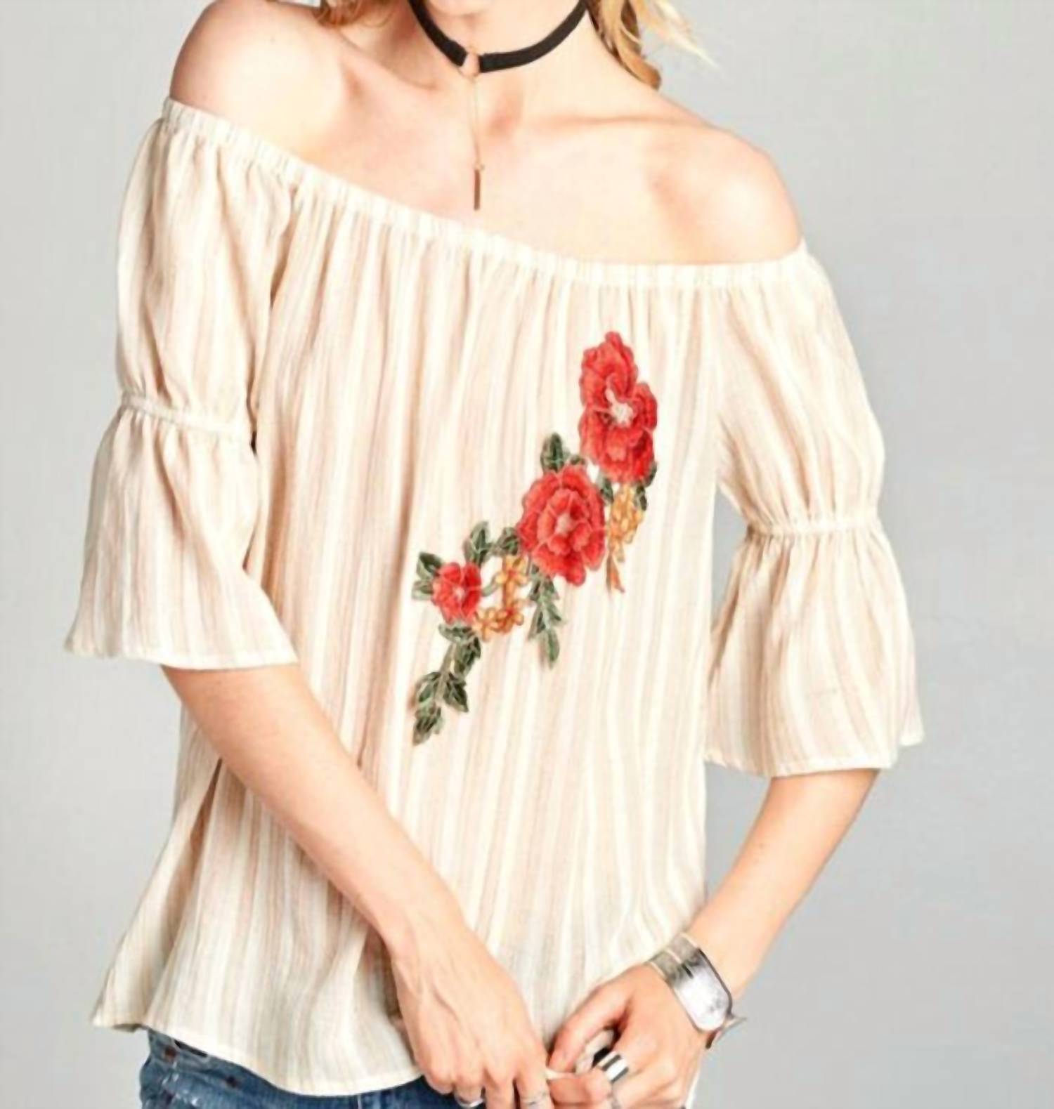 Oddy - Off-The-Shoulder Striped Cotton Blouse