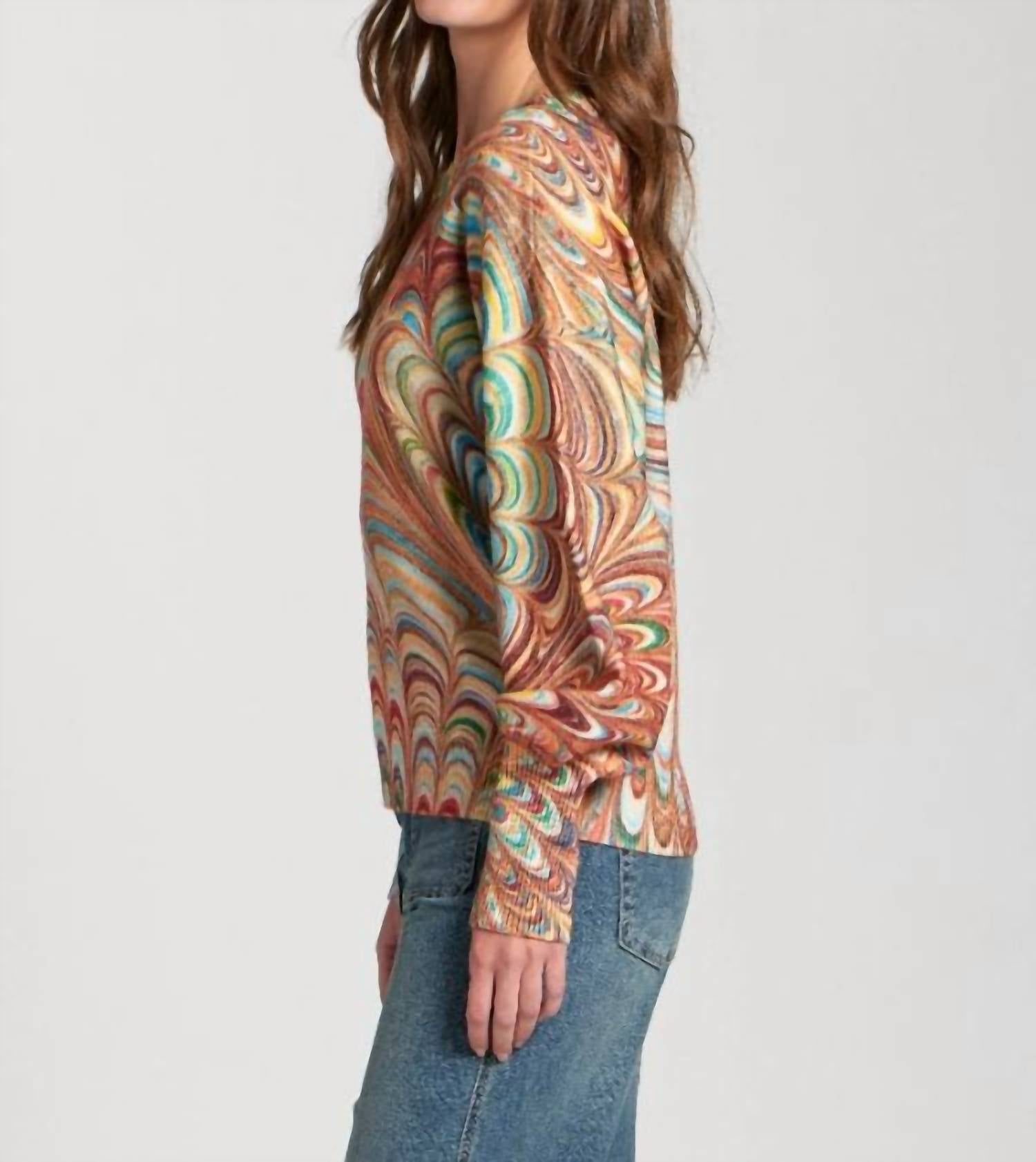 Apny - Abstract Marble Printed Puff Sleeve Pullover Top
