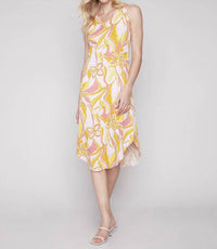 CHARLIE B Printed Sleeveless V-neck With Shirttail Hem Dress in sorbet peach - women's dress - detail view