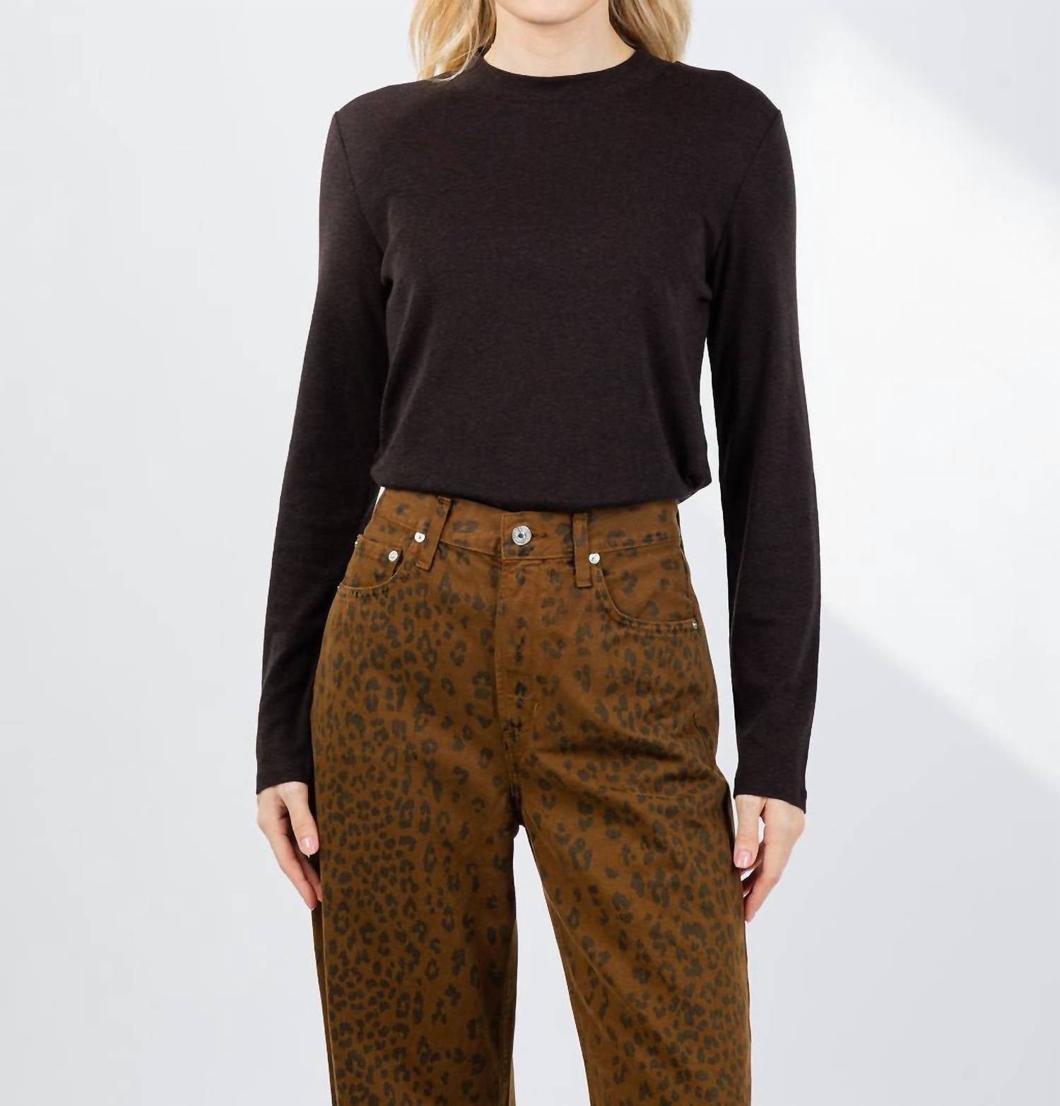 REPEAT cashmere Wool Blend Crew Top in dark brown - women's long sleeve top