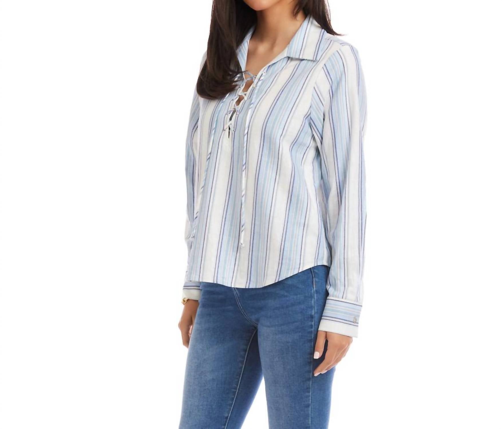 Karen Kane - Long Sleeve Eyelet Lace Up Top - Petite