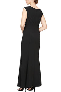 S.L. Fashions - Scalloped Lace Neck & Front Slit Crepe Dress