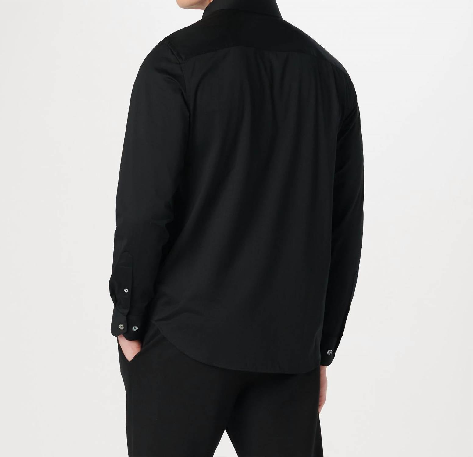 Bugatchi Uomo 8 Way Stretch Solid Shirt in black - men's shirt - detail view