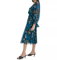 CALVIN KLEIN Printed Long-sleeve A-line Dress in teal - women's dress - detail view