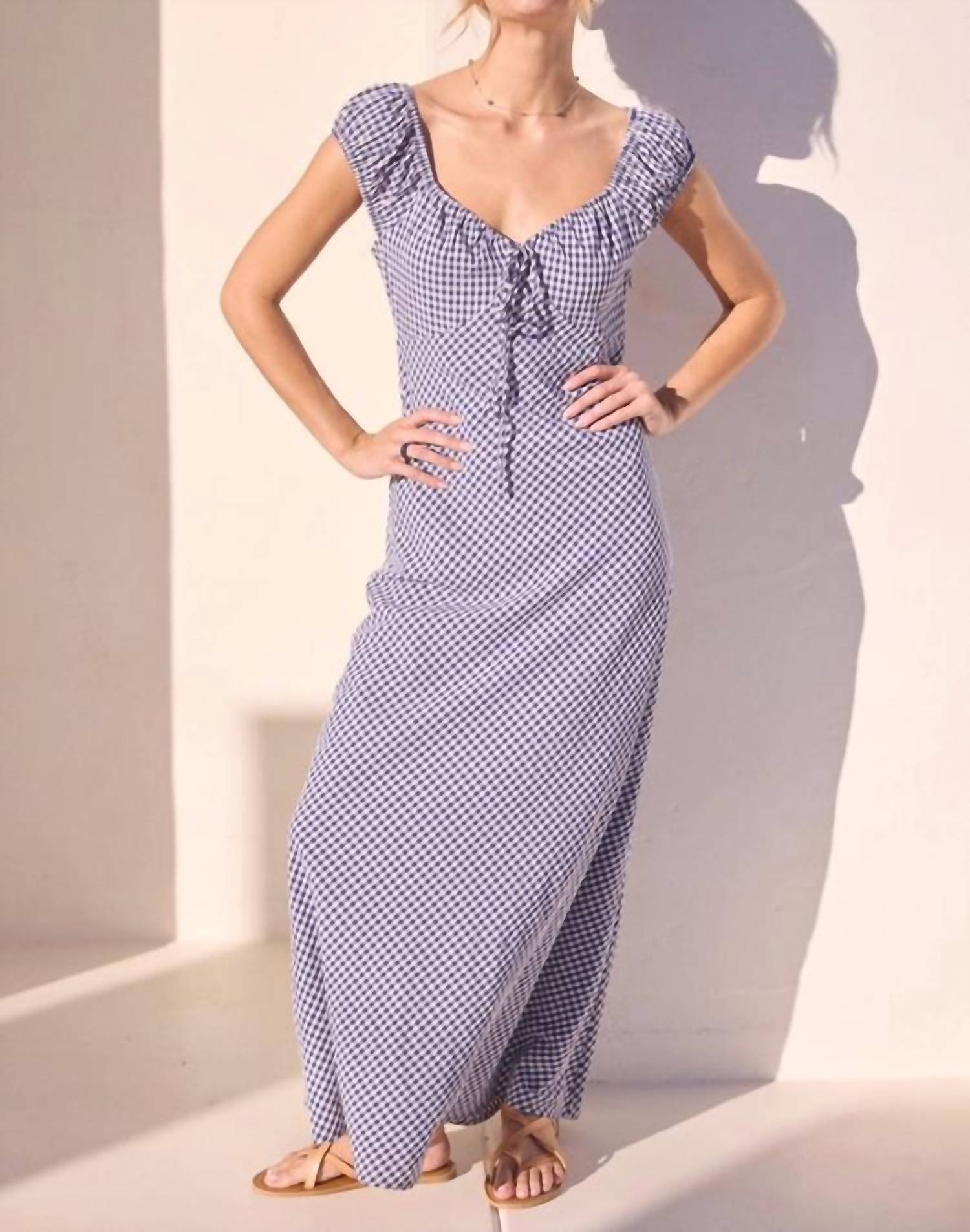 Skies Are Blue - Gingham Maxi Dress with Front Tie