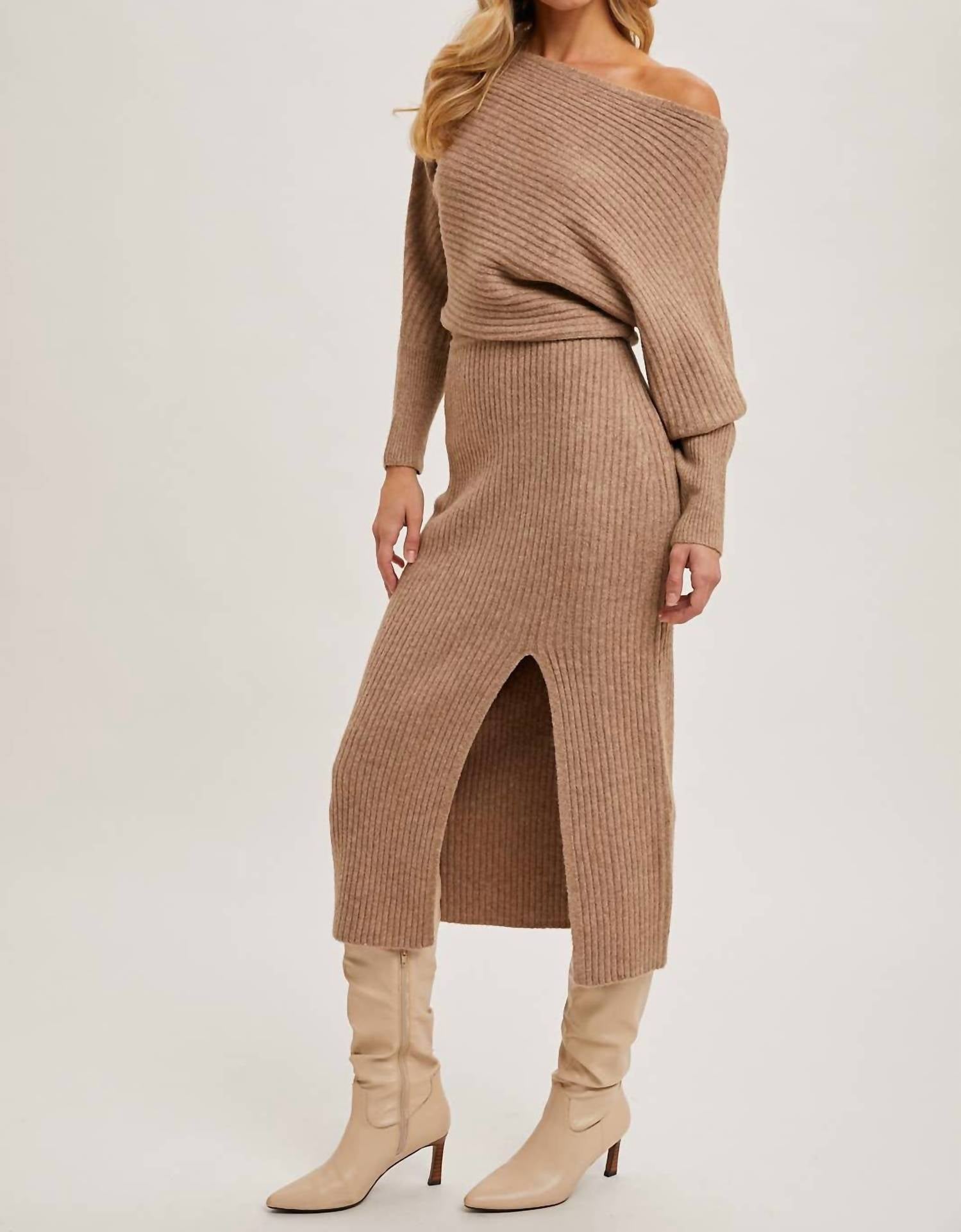 Bluivy - One Shoulder Off Side Slit Midi Knit Sweater Dress