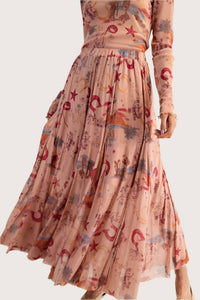 Easel Western Printed Mesh Swing Maxi Skirt in camel - women's skirt