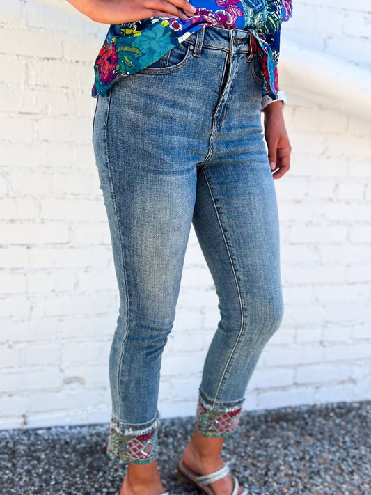 Skinny Crop Jean with Embroidery and Sequins