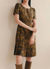 Lafayette 148 - Impression Print Silk-Wool Hand Pleated Short Sleeve Dress