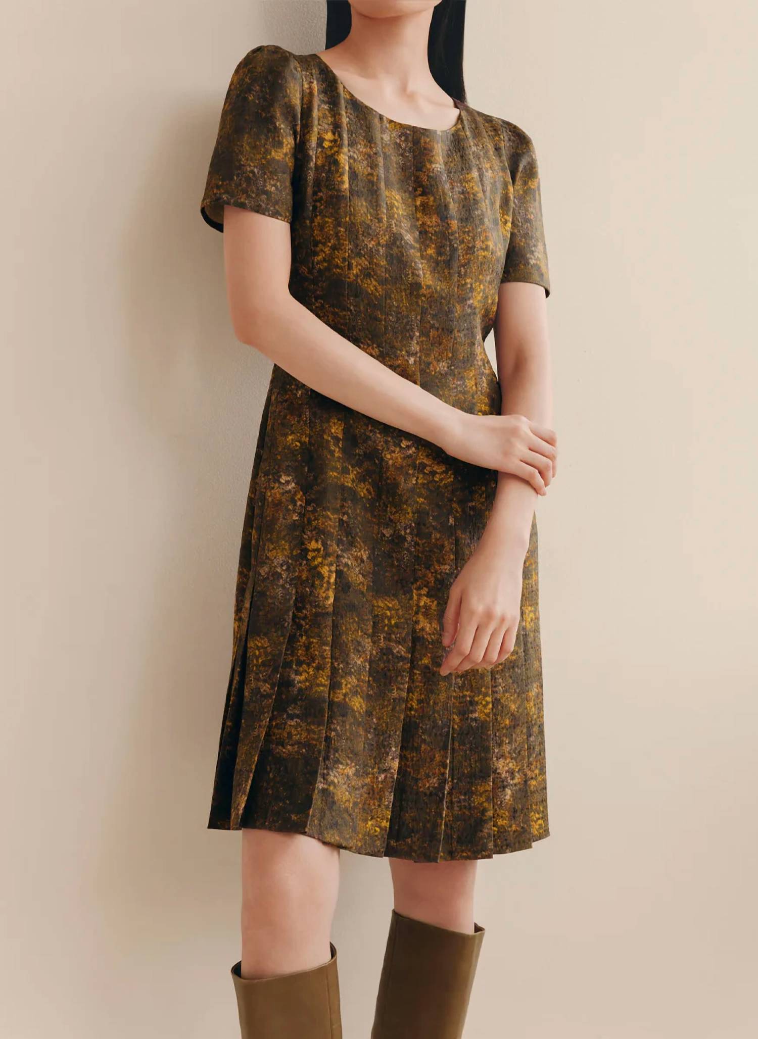 Lafayette 148 - Impression Print Silk-Wool Hand Pleated Short Sleeve Dress