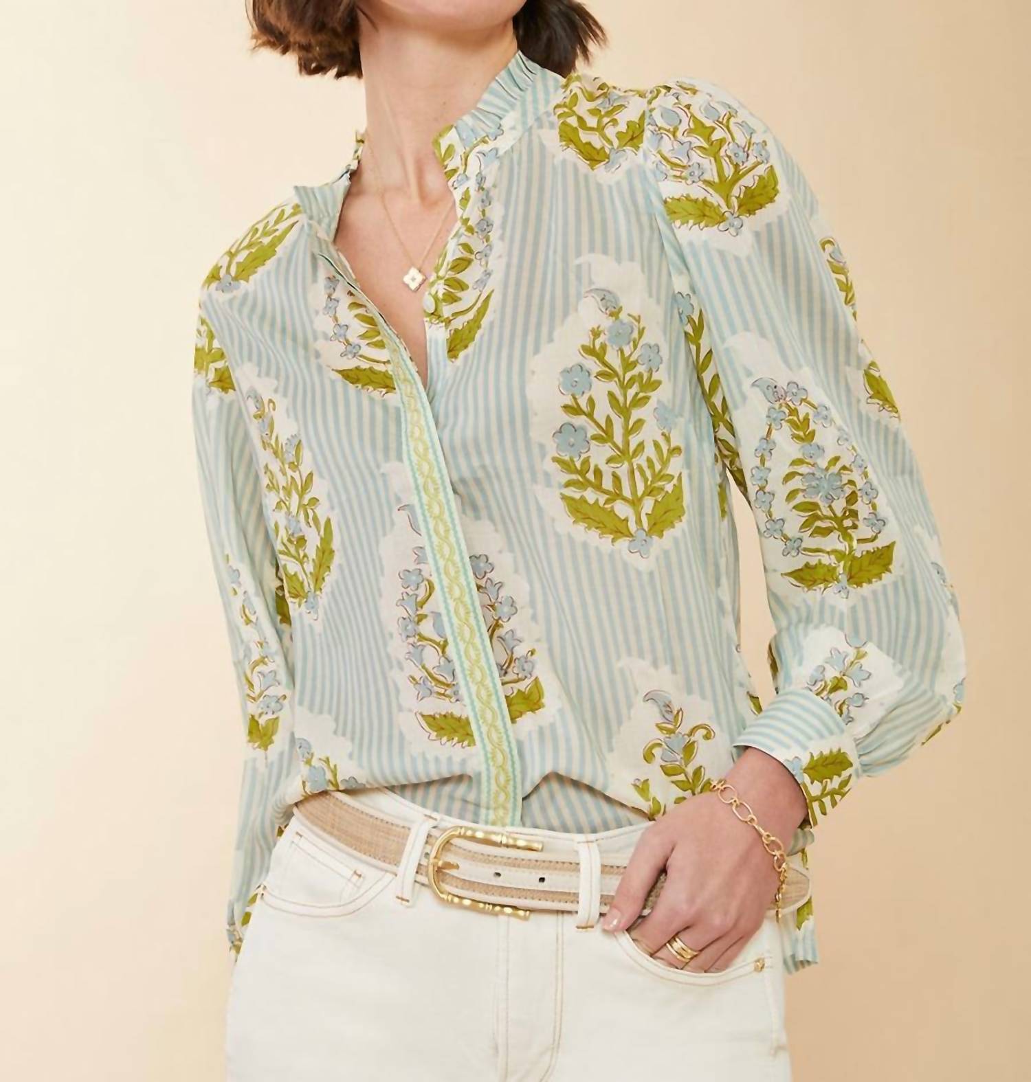 Spartina 449 - Laurita Blouse Richmond Hill Stripe Floral Motif Surf