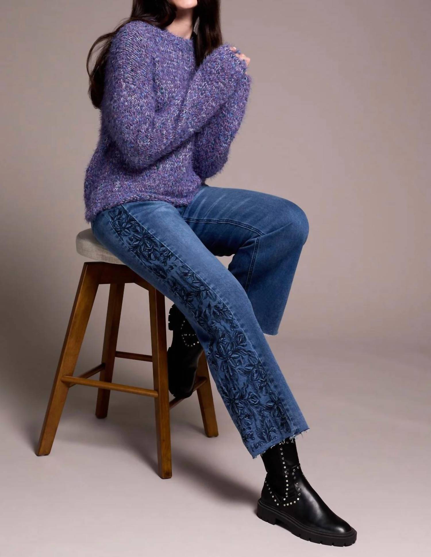 Tribal - Fuzzy Eyelash Drop Shoudler Puff Sleeve Sweater