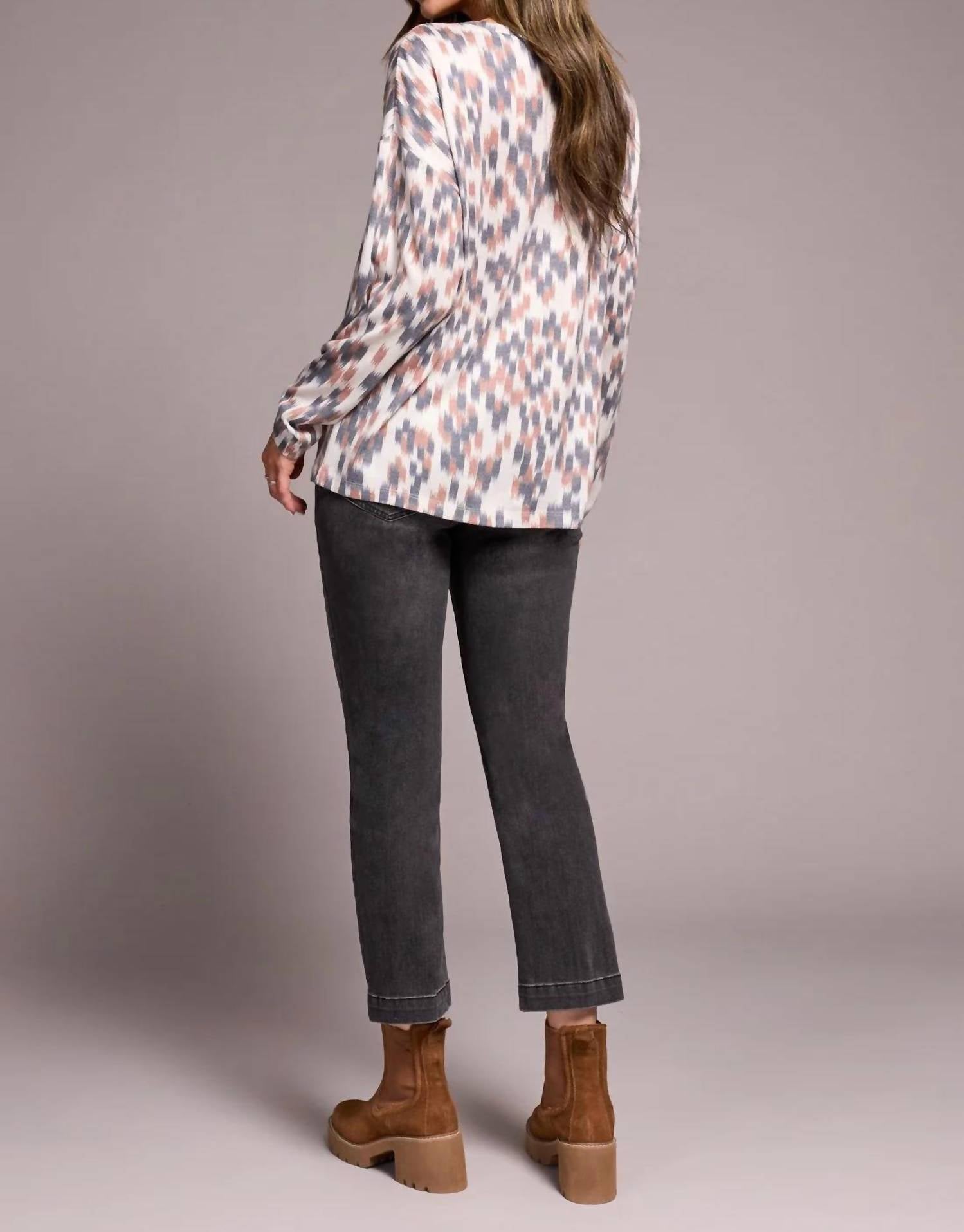 Tribal - Fuzzy Soft Crew Neck Combo Print Knit Top