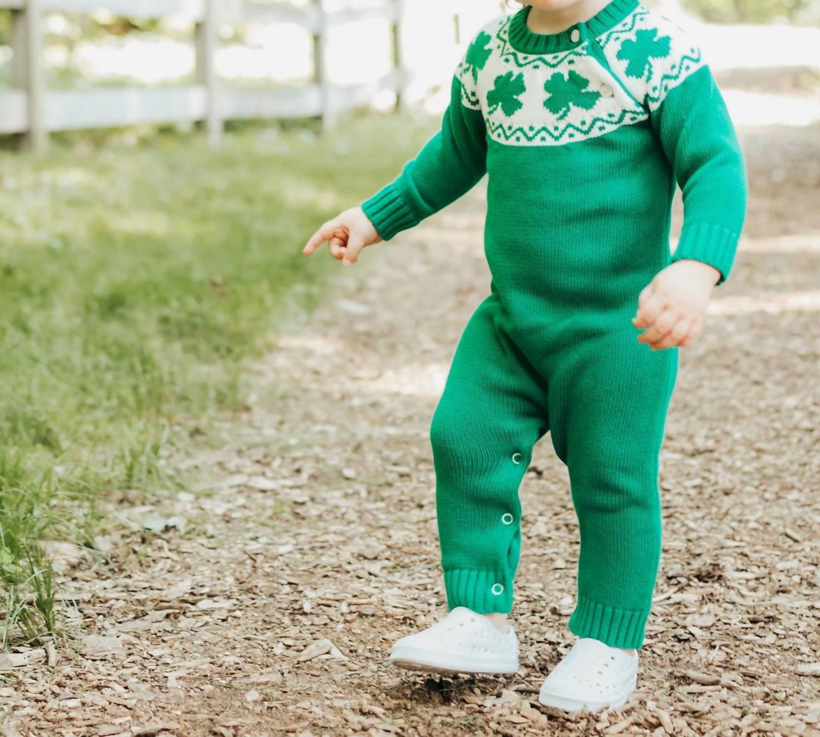 Maddie & Connor Co. Kid's Lucky Clover Romper in green - kids' item - alternate view