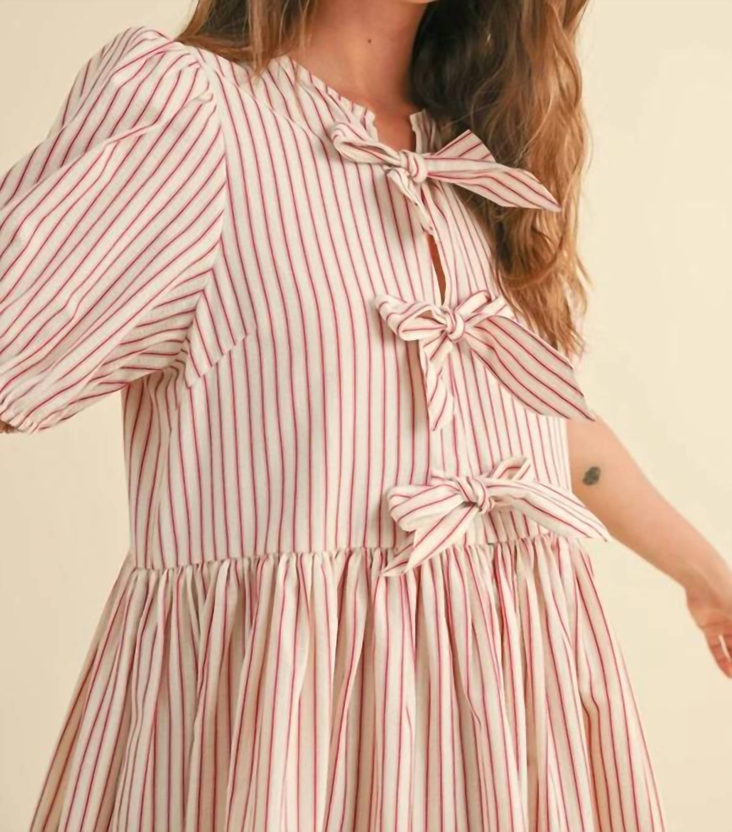 Miou Muse - Stripe With Bow Tie Front Short Sleeve Dress