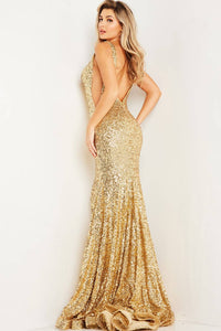 Jovani - Fitted V Neckline Sequin Gown