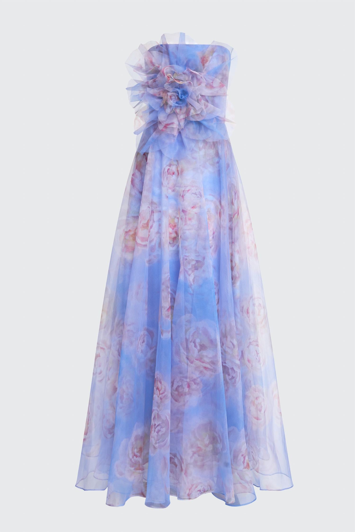 Theia - Kimberley Strapless Printed Organza Gown