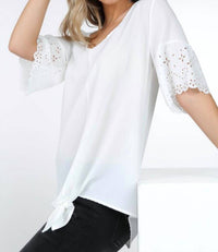 Shop Basic - Laser Cut Short Sleeve V Neck Top With Tie