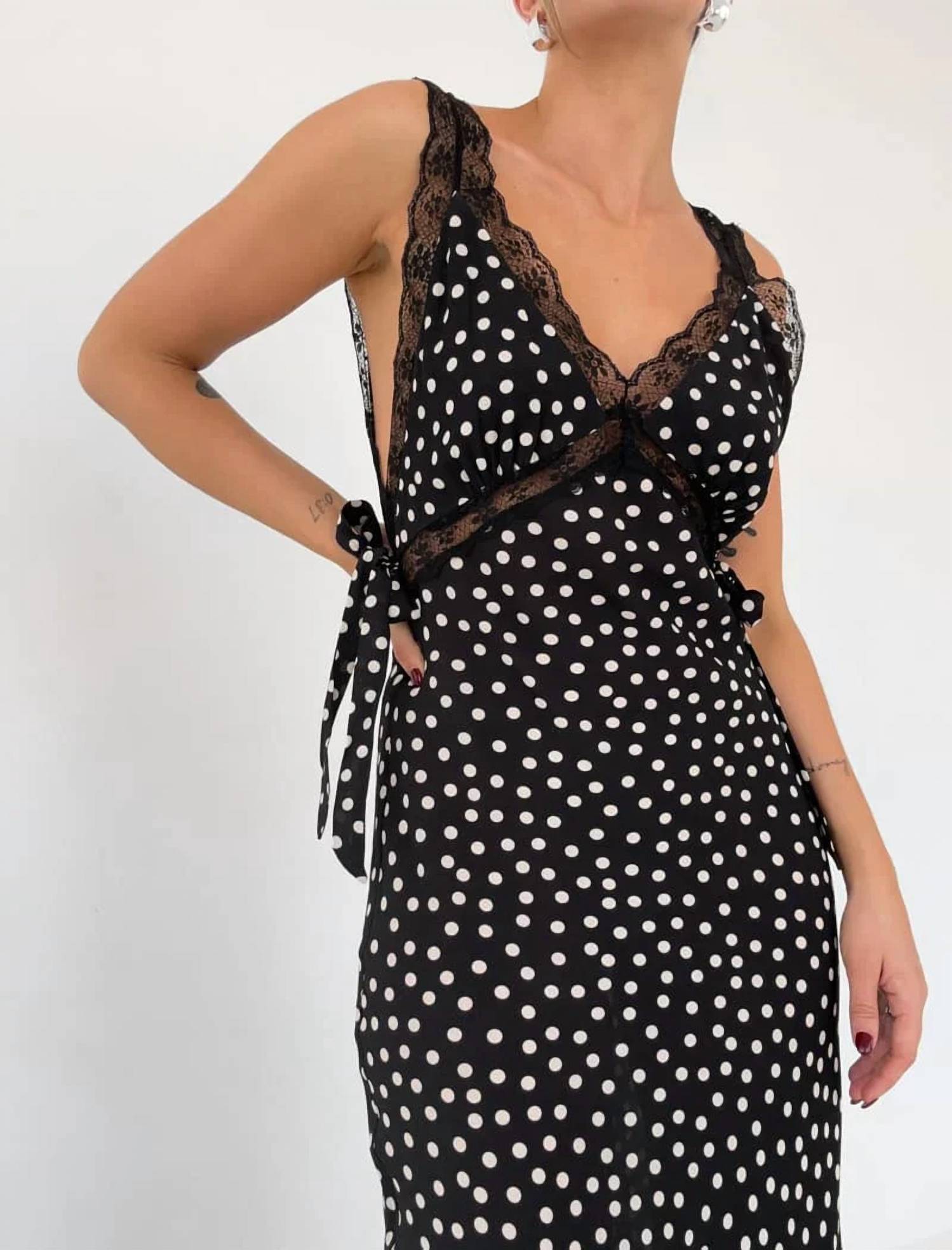 Rumored - Dolly Ditsy Dot Lace Trim Midi Dress