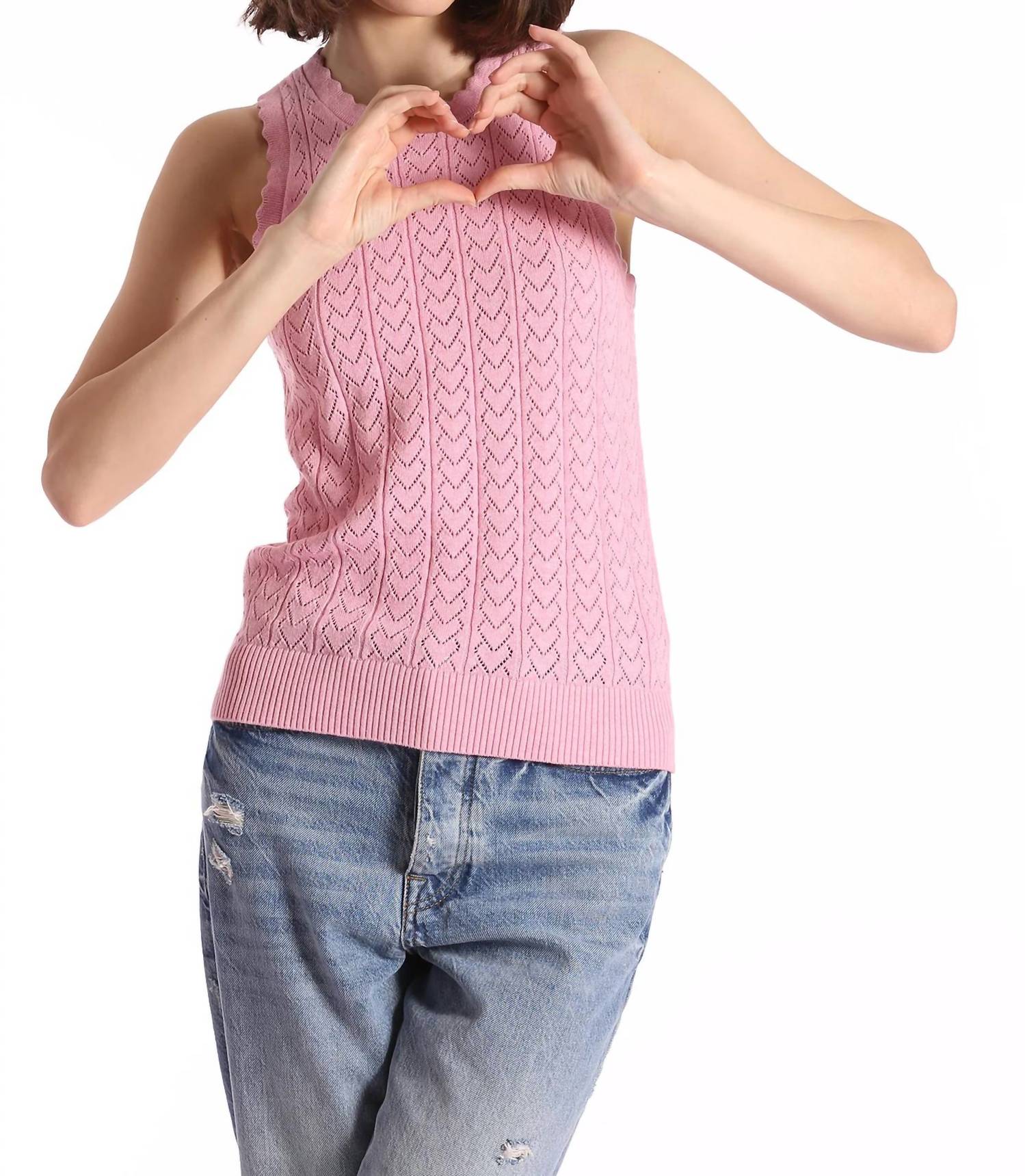Minnie Rose - Heart Pointelle Scalloped Tank Top
