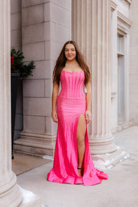 Sherri Hill Fitted Hot Fix Strapless Prom Dress in bright fuchsia - women's dress - alternate view