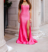 Sherri Hill Fitted Hot Fix Strapless Prom Dress in bright fuchsia - women's dress - detail view
