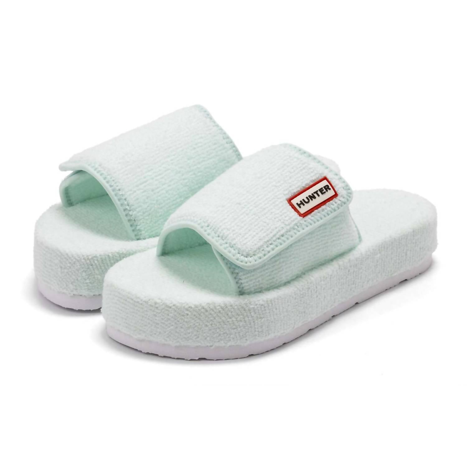 HUNTER Women's Original Terry Towelling Logo Slides in spearmint - women's shoe