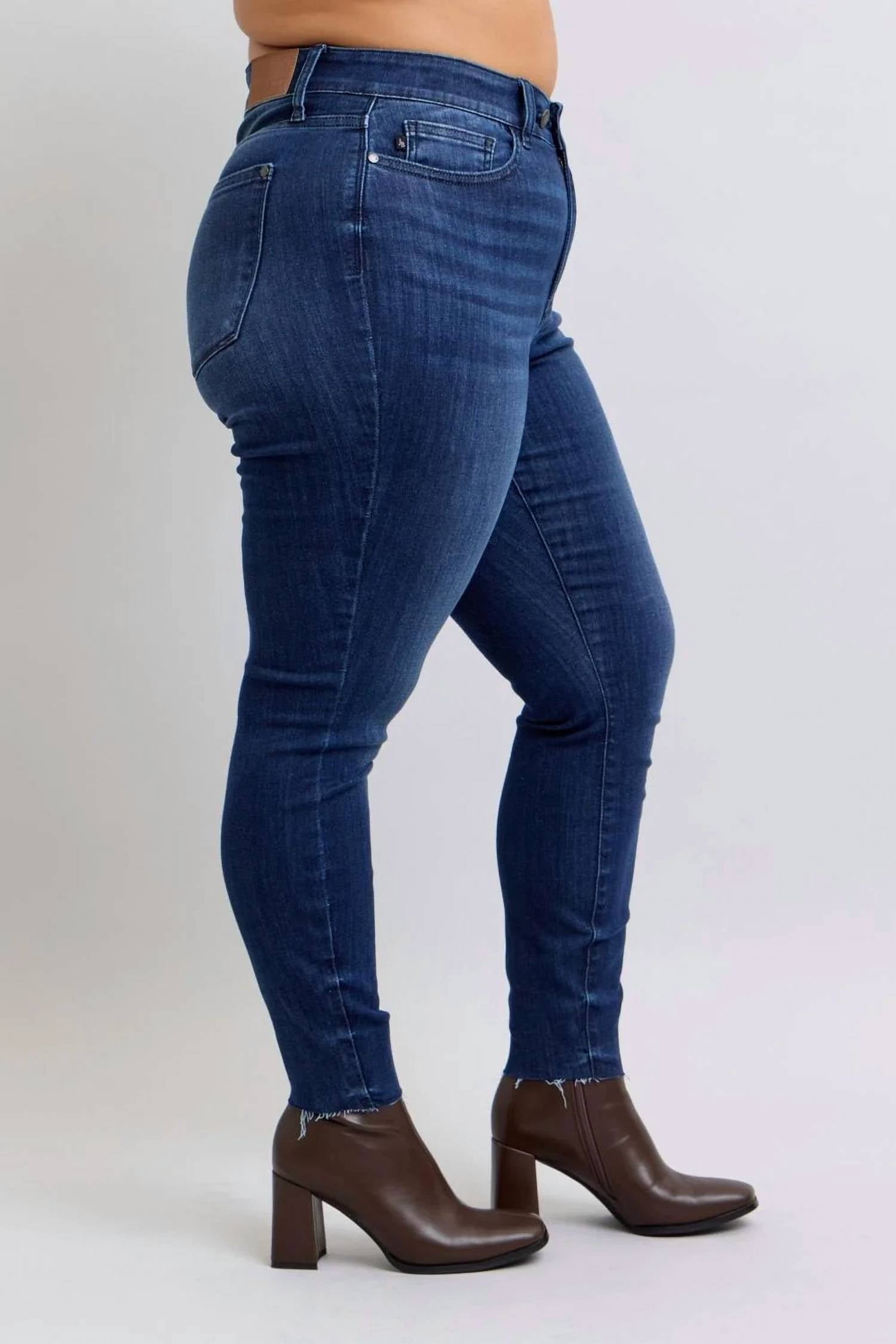 Judy Blue - Mid Rise Raw Hem Skinny Denim Jeans - Plus
