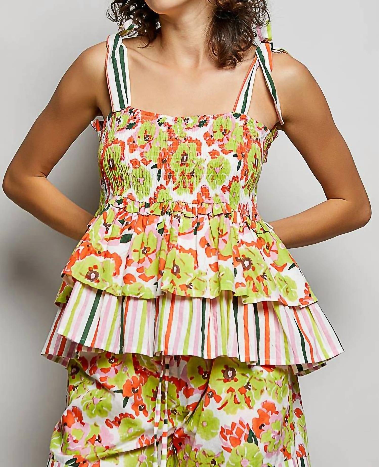 Pol - Shirred Ruffle Adjustable Strap Printed Sleeveless Top