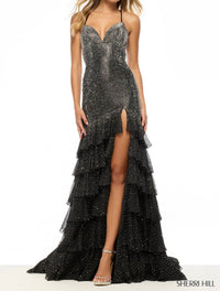 Sherri Hill Tiered Ruffle Skirt Hot Fix Dress in black silver - women's dress