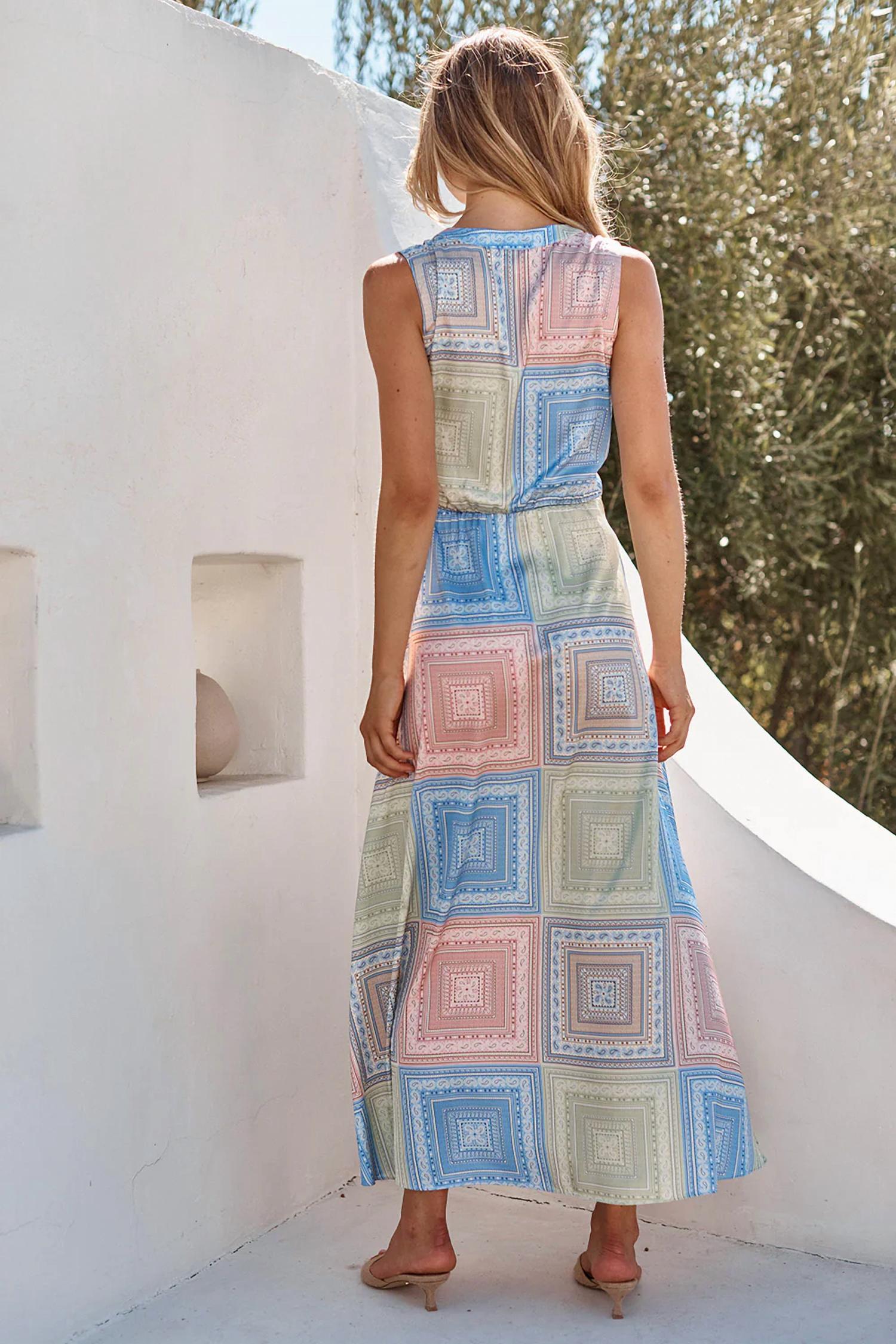 Misa Los Angeles Anabella Maxi Dress in pastel tiles - women's dress - detail view