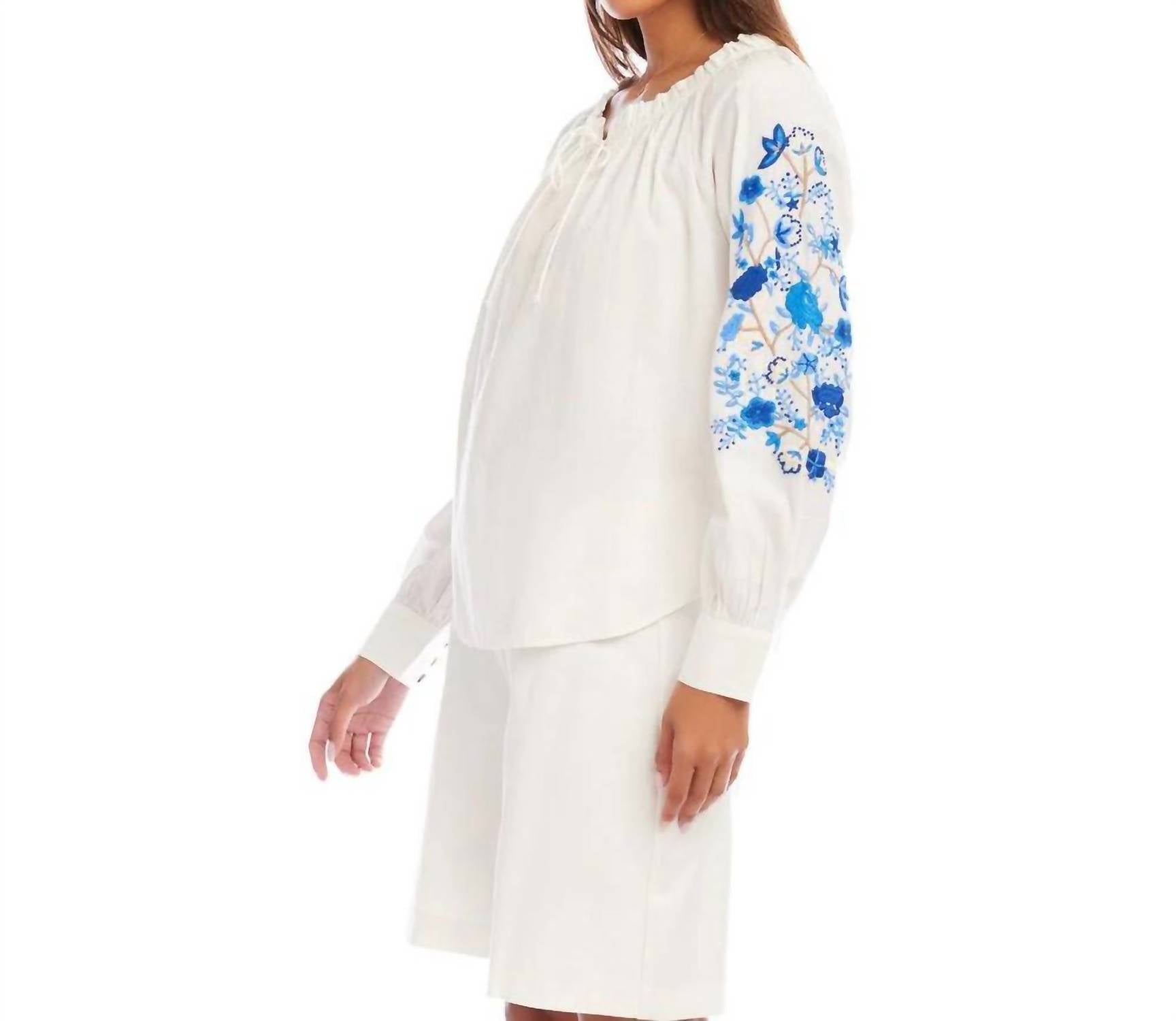 Karen Kane - Embroidered Blouson Sleeve Tie-Neck Peasant Top