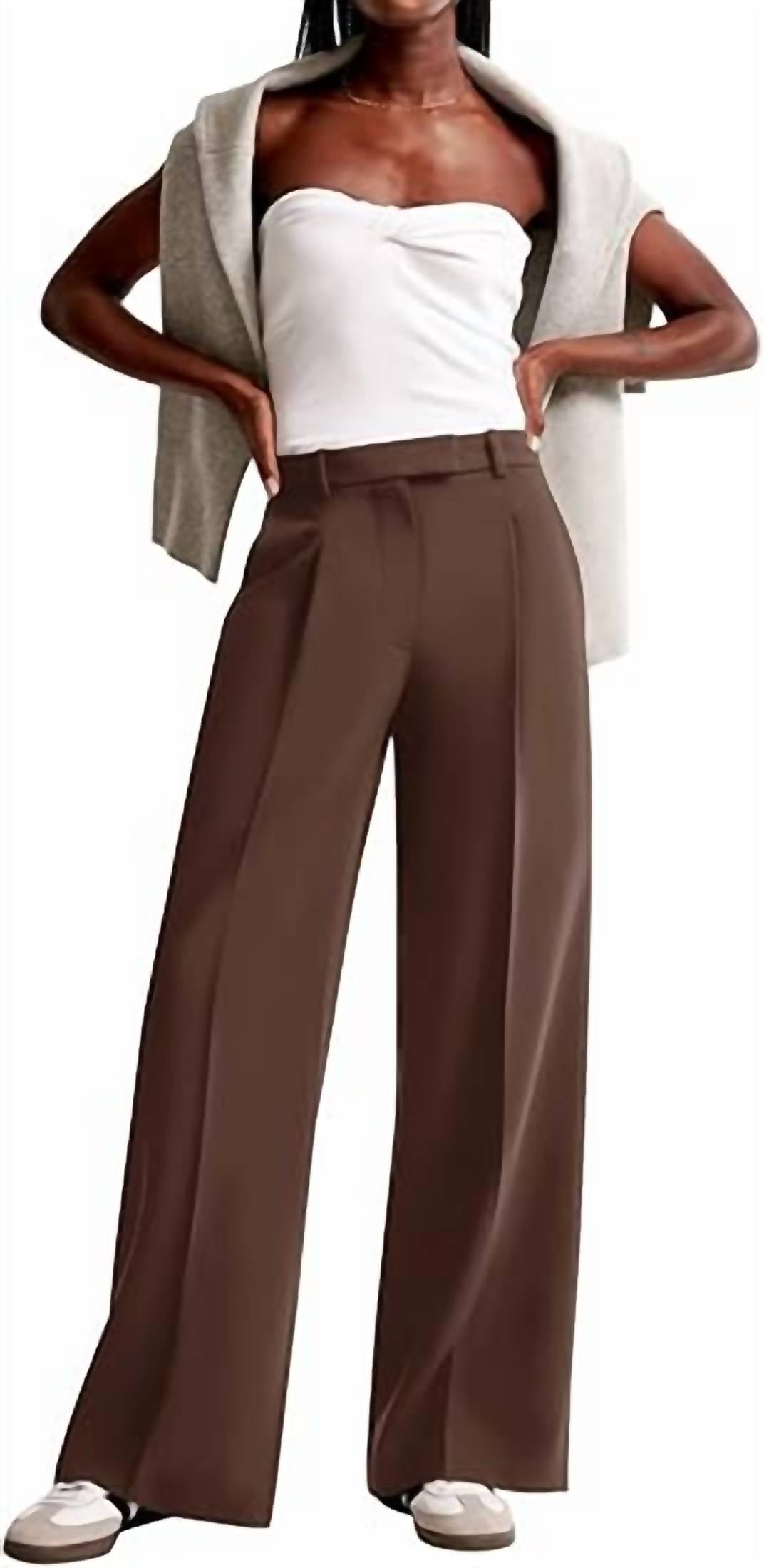 NiMin Wide Leg High Waisted Business Casual Work Trousers in dark brown - women's pants