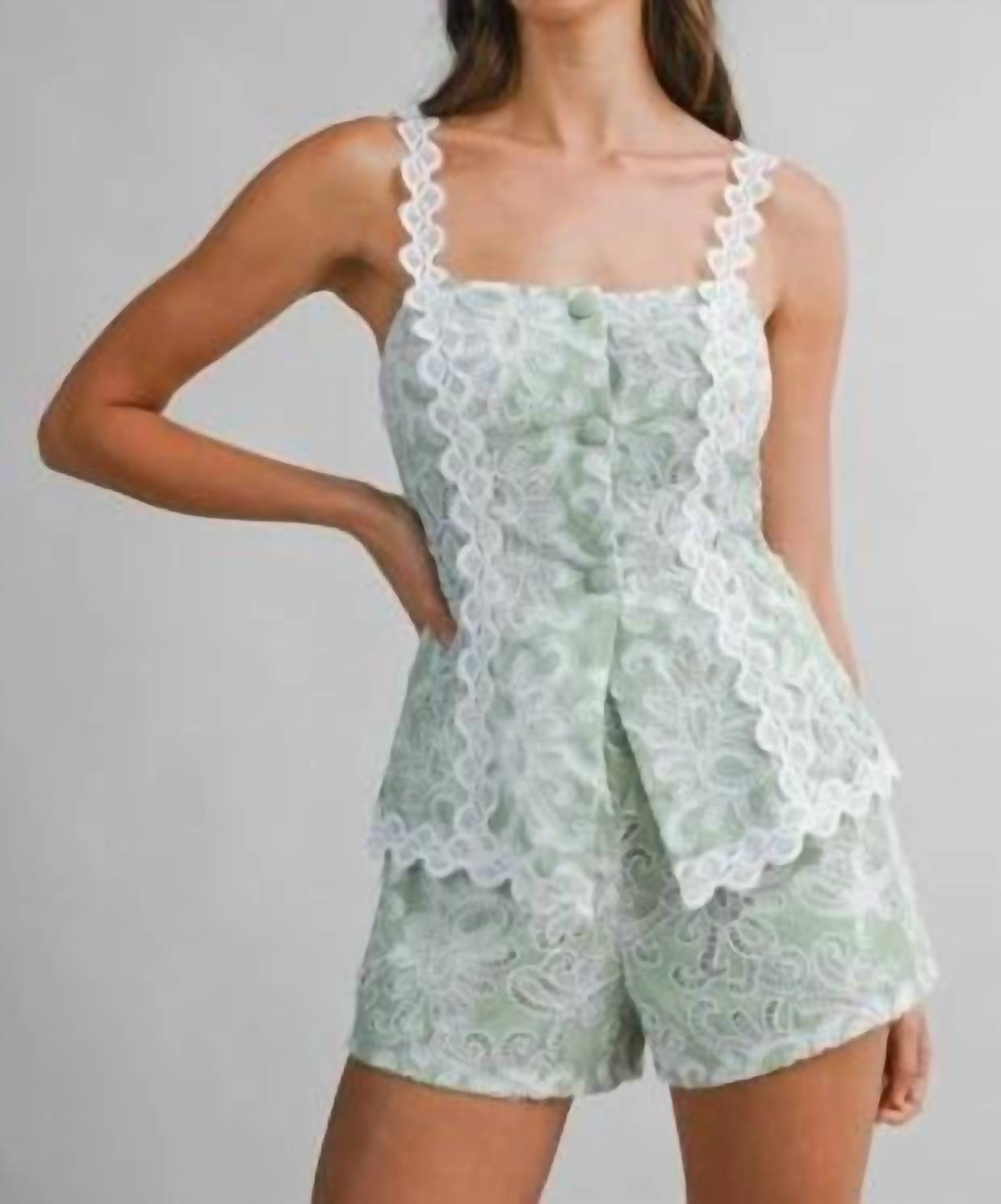 Mable - La Palma Stripe Eyelet Lace Cami And Shorts Set