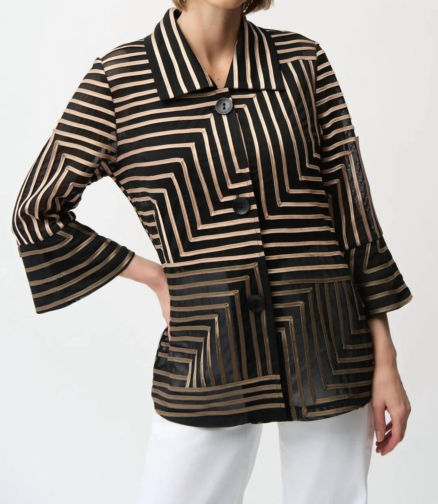 Joseph Ribkoff - Satin Mesh Striped 3/4 Bell Sleeves Jacket