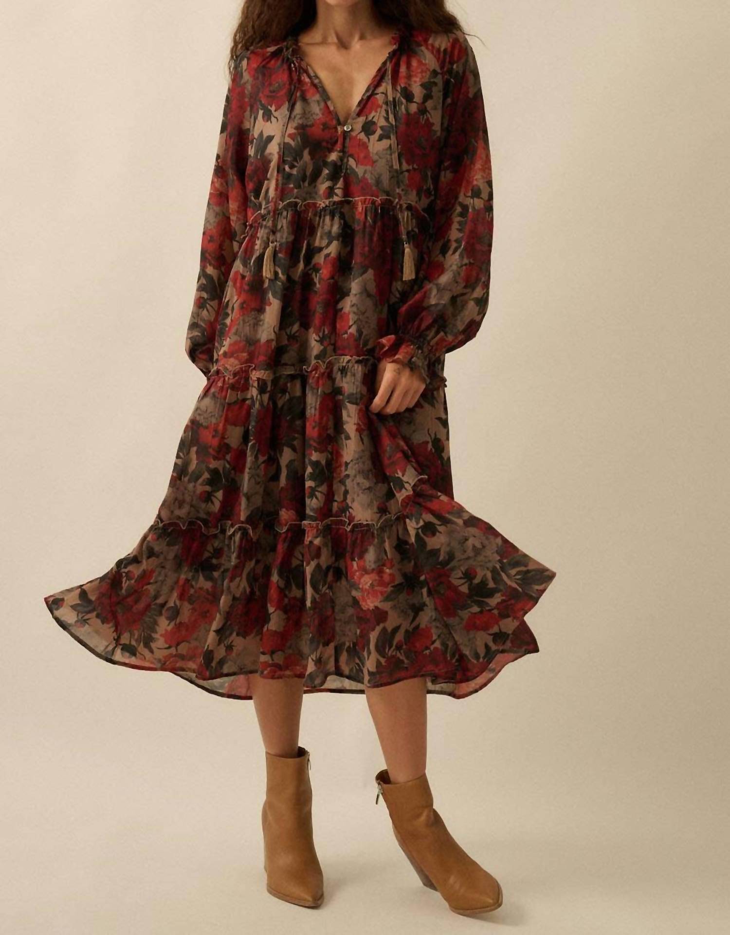 Promesa - Floral-print Tiered Ruffle Long-sleeve Midi Dress