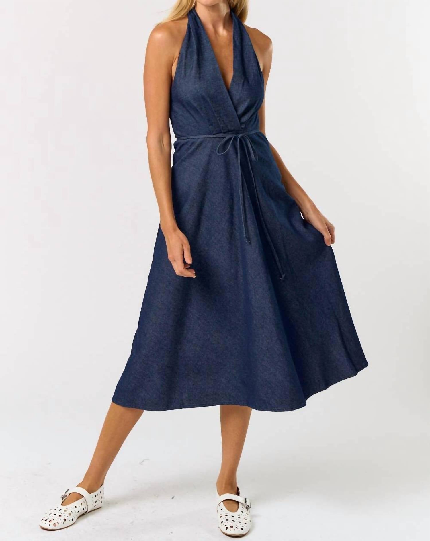 lalavon Halter Neck Denim Maxi Dress in indigo - women's dress