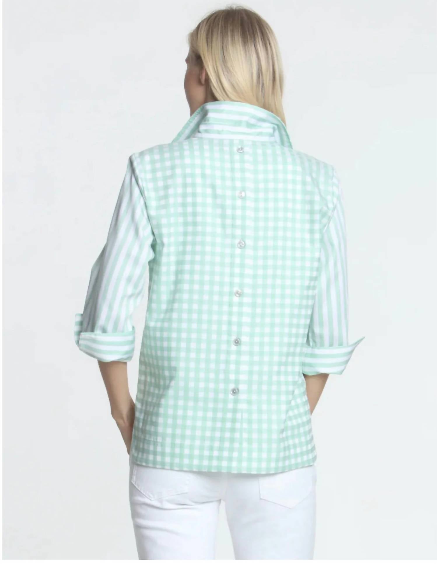 Hinson Wu Aileen 3/4 Sleeve Pastel Stripe Gingham Button Back Blouse in mint green - women's blouse - detail view