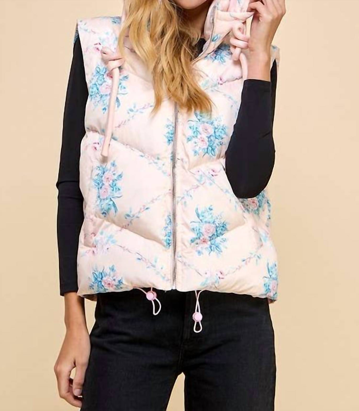 TCEC Floral Printed Vest With Hoodie in pink - women's jacket - view 5