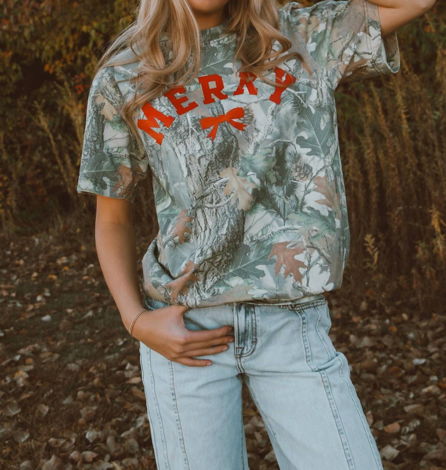 LivyLu Christmas Short Sleeve Tee in camo - women's t-shirt - detail view