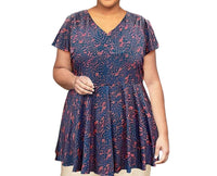 On The Plus Side - Printed Short Sleeve Baby Doll Top - Plus