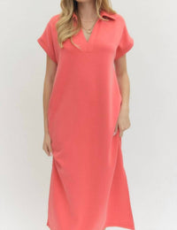 Entro - Solid Knit Split Collar Short Sleeve Midi Dress