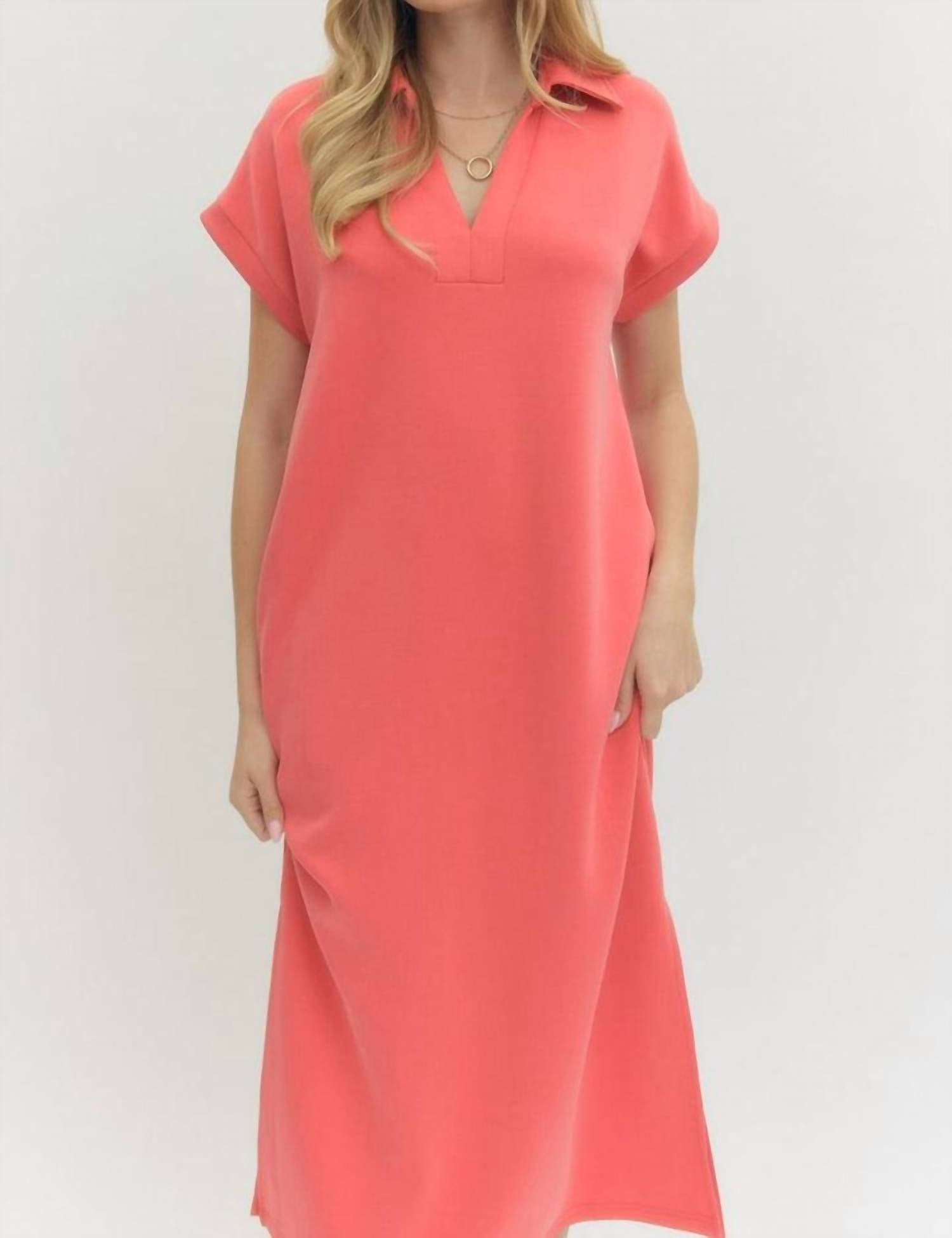 Entro - Solid Knit Split Collar Short Sleeve Midi Dress