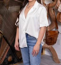 Ee:Some - Satin Button Up Short Sleeve Blouse