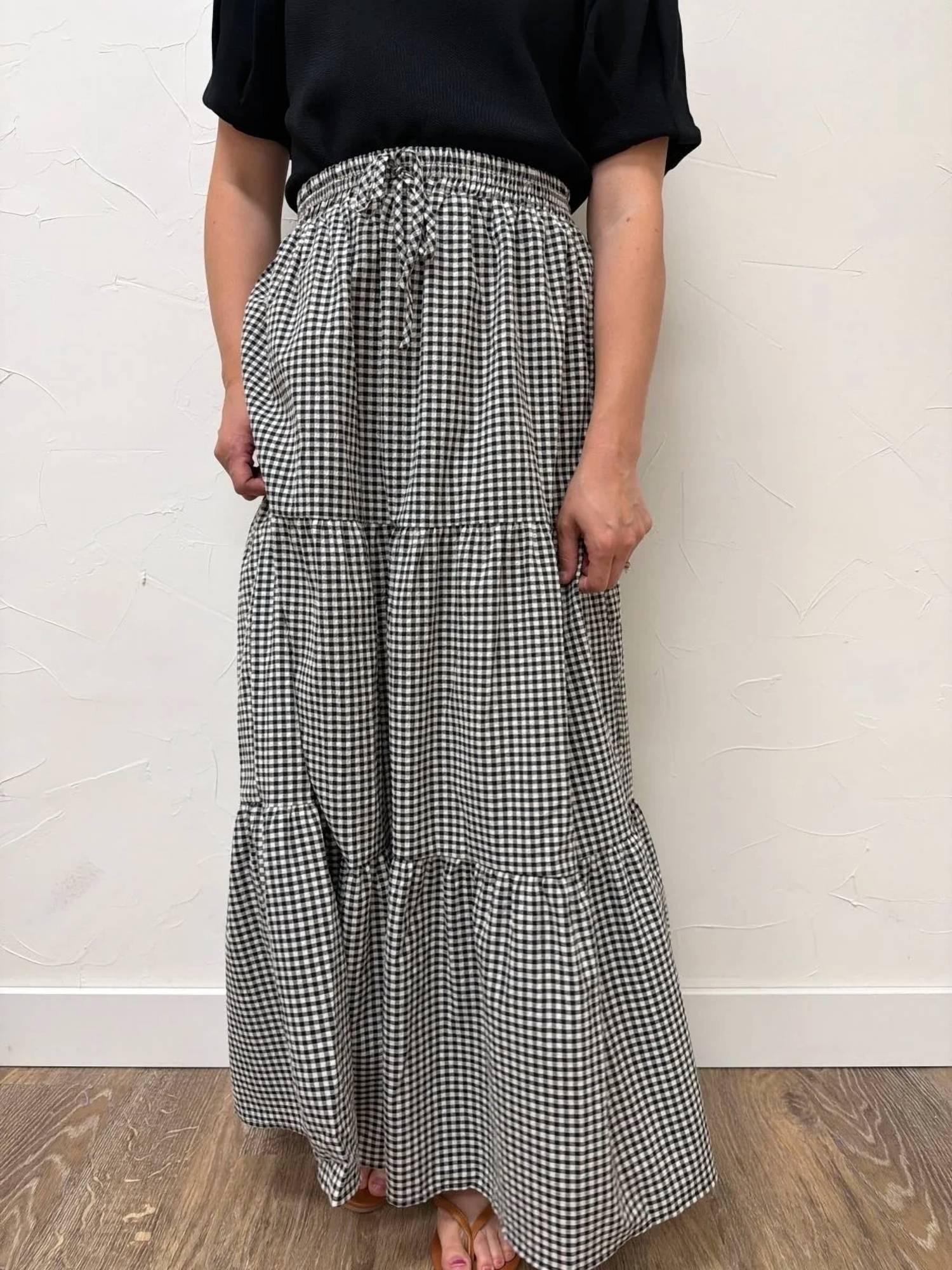 Vine & Love - Plaid Tiered Ruffled Drawstring Maxi Skirt