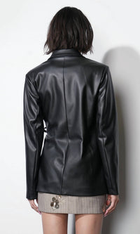 GREYLIN Ava Tie Front Faux Leather Blazer in black - women's jacket - detail view