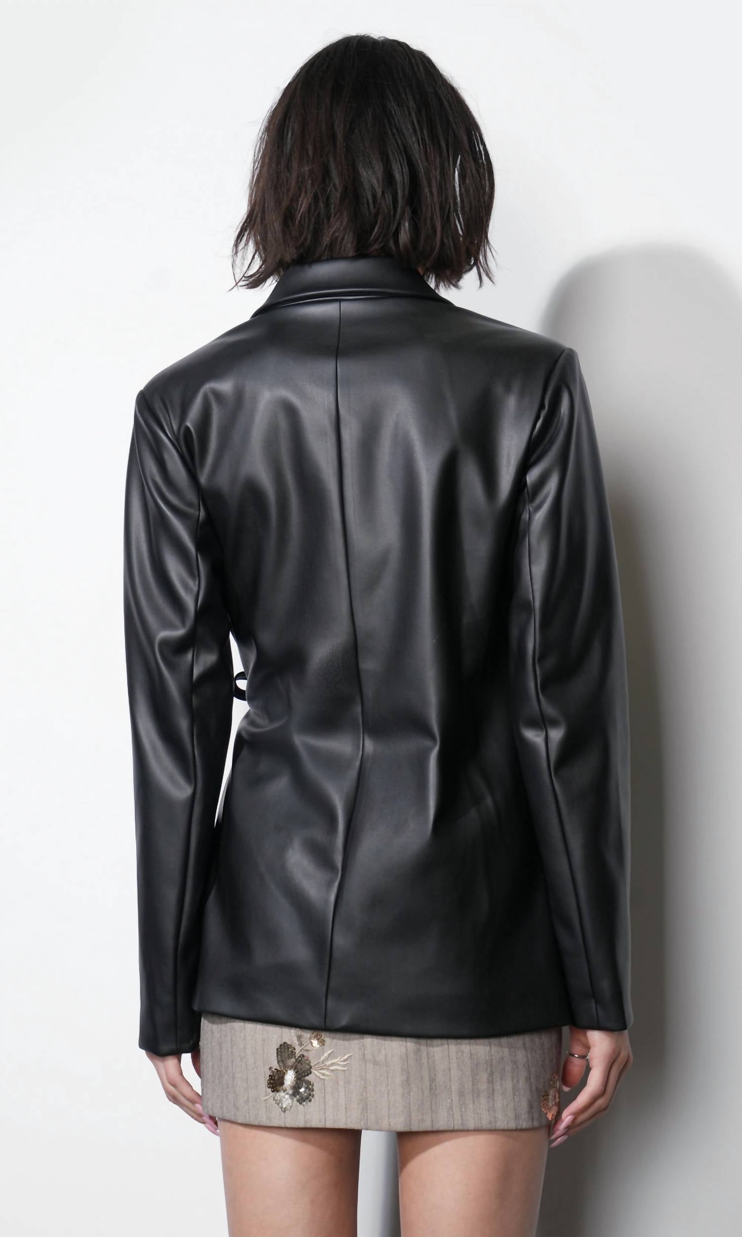 GREYLIN Ava Tie Front Faux Leather Blazer in black - women's jacket - detail view