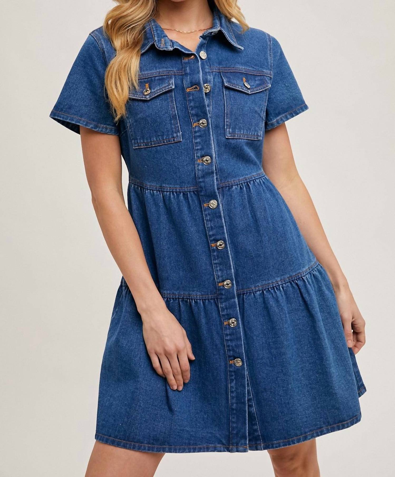 Bluivy - Tiered Button Down Denim Shirt Dress